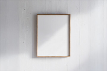 화이트 우드 벽 위에 나무 프레임 액자 디자인 목업