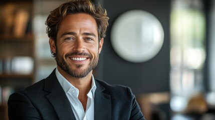 Obraz premium Portrait of a confident businessman in a black suit, smiling against a white background.