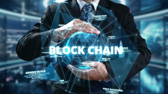 Businessman hold blockchain technology concepts creating financial p2p network and cryptocurrency trading UUID