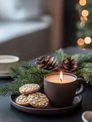 christmas, holidays, winter and still life concept - close up of fir wreath with burning candle, oat cookies and cups with hot chocolate or cocoa drink on table at home