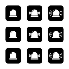 Emergency siren icon set collection on black square. Ambulance, police light sign symbol