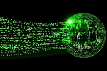 Abstract Digital Sphere: Green Binary Code Data Flow