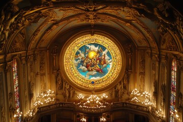 Obraz premium Magnificent Golden and Blue Stained Glass Dome in a Luxurious Palace