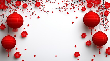 Red lanterns and cherry blossoms create a festive atmosphere for Chinese Lunar New Year celebrations. Card with empty space for greetings