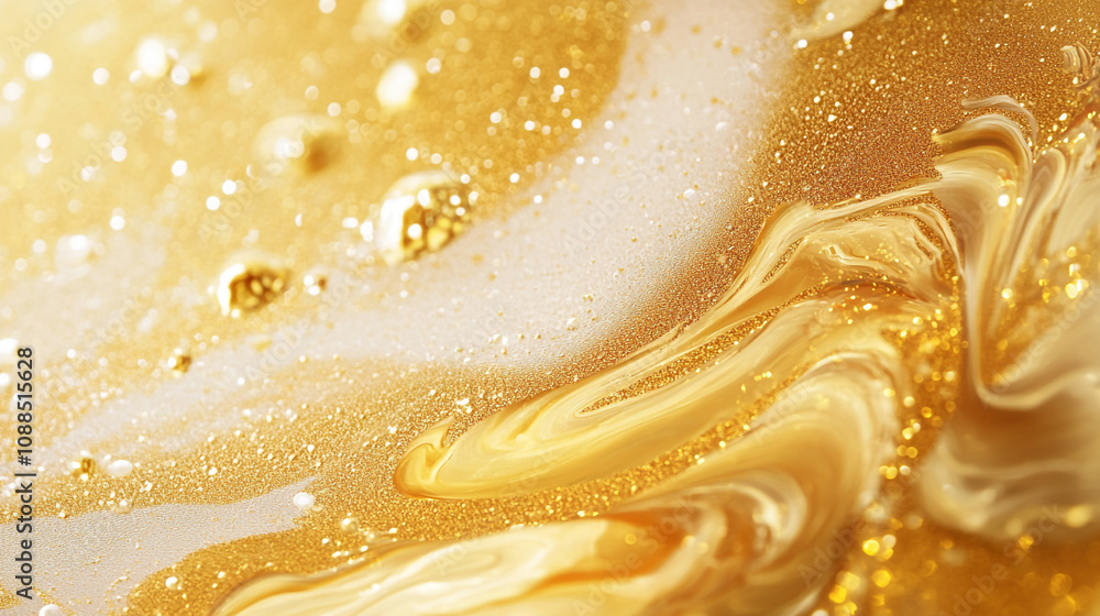 Poster Gleaming golden abstract texture with shimmering patterns and bubbles in the background