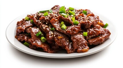 A plate of spicy Korean BBQ beef bulgogi with marinated beef, sesame seeds, and green onions