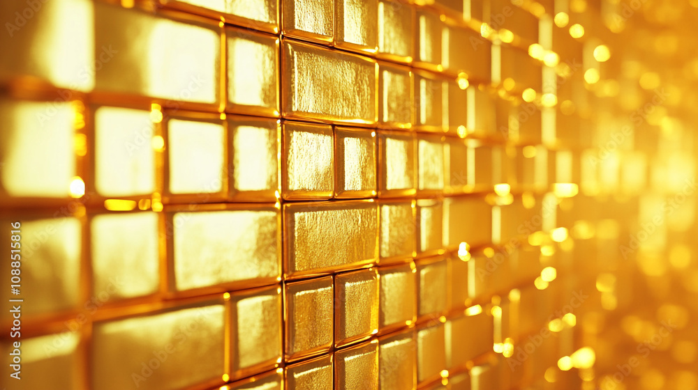 Poster golden bars arranged in a shiny pattern casting warm light reflections in a dim space
