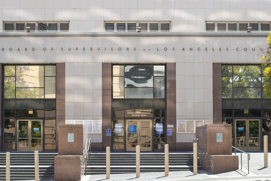 Los Angeles, CA, USA - May 12, 2022: Front view of the Los Angeles County Board of Supervisors (LACBOS) office located in the Kenneth Hahn Hall of Administration in downtown Los Angeles, California.