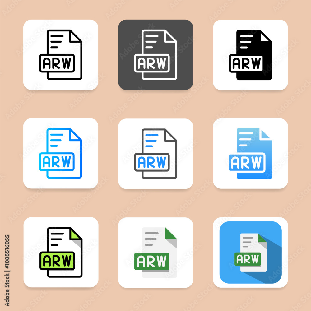 Poster set of arw file format icons in flat style for a modern look