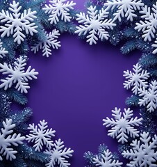 Winter decoration featuring snowflakes and evergreen branches on a vibrant purple background for Christmas and New Year card with empty space for greetings