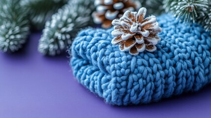 Cozy knitted blue accessory adorned with a frost-covered pinecone and evergreen branches on a purple background