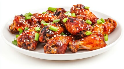 A plate of spicy Korean BBQ chicken wings with gochujang sauce, sesame seeds, and green onions