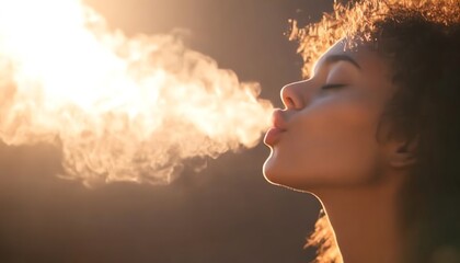 Woman exhaling smoke in warm sunlight.