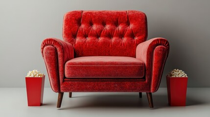 Red Velvet Movie Night:  Two plush red armchairs, a bucket of popcorn, and a refreshing drink set the stage for a cozy movie night.