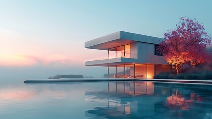 A modern house design with a detailed blueprint overlay, set against a soft pastel blue background 