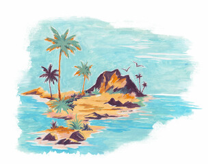 Beautiful tropical landscape with hand drawn paradise islands with mountains and palm trees on beaches with ocean and clouds in sky. Ready tropical print design.