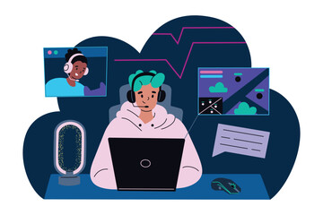 Gamer playing online game on laptop, chatting remotely with friend. Cooperative video game, gaming mouse, and game screen. Cartoon character, vector illustration in flat style © Elena