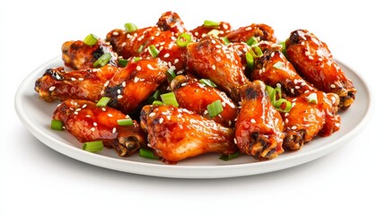 A plate of spicy sriracha chicken wings with sriracha glaze, sesame seeds, and green onions