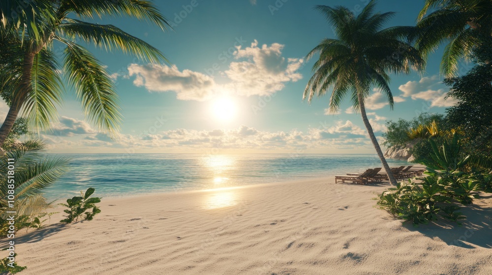 Poster a beautiful beach scene with palm trees and a sunset in the background