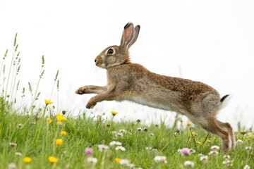 Fototapeta premium Rabbit leaping in meadow nature scene wildlife spring close-up vibrant colors