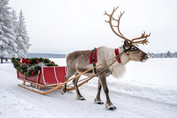 Reindeer pulling sleigh in winter wonderland outdoor scene