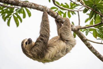 Sloth hanging on tree branch rainforest wildlife natural habitat close-up animal behavior