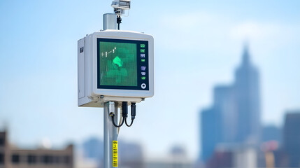 A modern air quality monitoring station equipped with sensors and advanced technology, designed to track pollution levels and enhance environmental awareness, showcasing the importance of clean air an