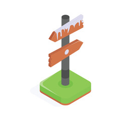 Isometric icon of wooden signpost with arrows pointing to different directions