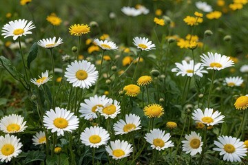 Fototapeta premium Serene Nature Landscape Featuring Wildflower Patch with Daisies and Buttercups on White Background
