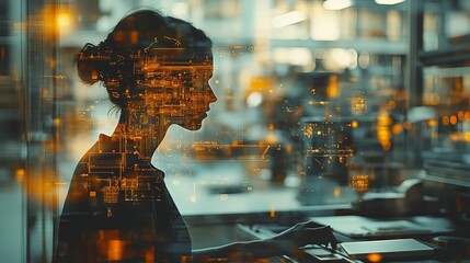 Woman Silhouette Overlaid With Digital Circuitry