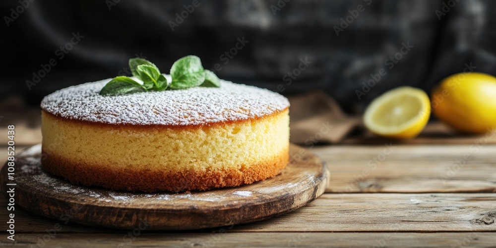 Poster lemon sponge cake displayed on a wooden background with ample copy space, highlighting the delightfu
