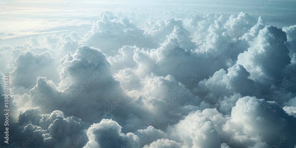 Poster aerial view showcasing the earth enveloped in fluffy cumulus clouds, with the clouds dramatically fo