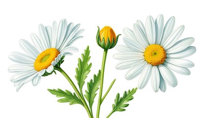 Obraz premium Vibrant daisy trio with blossoms and bud on white background