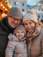 Obraz premium family, winter holidays and celebration concept - happy mother, father and little daughter at christmas market on town hall square in tallinn, estonia over lights