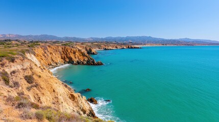 Fototapeta premium Scenic Coastal View of Turquoise Waters Meeting Dramatic Cliffs Under Clear Blue Sky on a Bright Sunny Day Perfect for Nature Lovers and Travel Enthusiasts