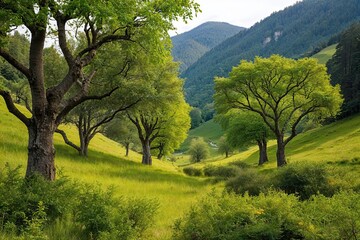 Obraz premium Serene Valley Landscapes Showcasing Flourishing Trees and Vibrant Underbrush