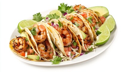 A plate of succulent grilled shrimp tacos with corn tortillas, avocado slices, shredded cabbage