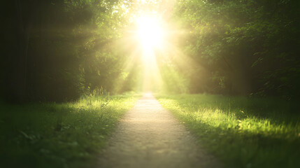 long path leading through lush forest with sunlight streaming down, creating serene and peaceful atmosphere