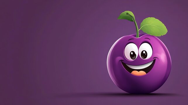 A cartoon purple plum with a big smile and large eyes is shown against a purple background.