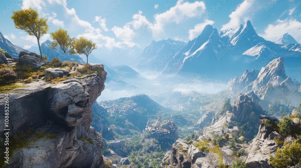 Poster a mountain range with a rocky cliff and a forest in the foreground