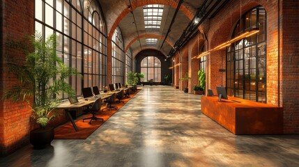 Fototapeta premium Modern Industrial Office Interior: An expansive workspace with sleek, minimalist design features. Bright natural light floods the space, illuminating rows of desks and blue office chairs.