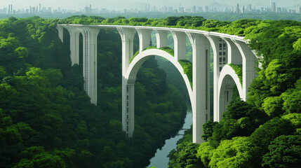 Fototapeta premium A majestic arch bridge stretches across the tranquil river, offering a breathtaking view of the surrounding landscape