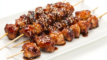 A plate of succulent teriyaki chicken skewers with a sesame seed garnish, Each skewer’s caramelized glaze and tender meat captured with precision