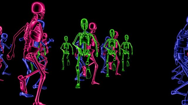 Colorful neon skeletons dance in sync for stunning VJ loop visuals