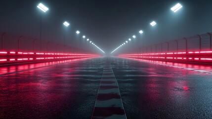 Empty racing circuit illuminated by red lights
