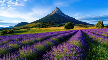 Naklejka premium Scenic View of Lavender Fields Stretching Towards Majestic Mountain Under a Clear Blue Sky, Perfect for Nature Lovers and Travel Enthusiasts Capturing Tranquility and Beauty
