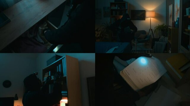 Split screen of two diverse burglars searching for money in apartment at night, then finding two packs of cash in dresser drawer and rolls of banknotes in box with documents