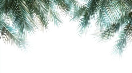 Fototapeta premium Lush Green Palm Leaves Framing a Bright White Background for Tropical Vacation Themes and Nature Inspired Designs in High Resolution