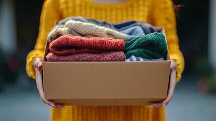 Woman Holds Box Of Donated Knit Winter Sweaters