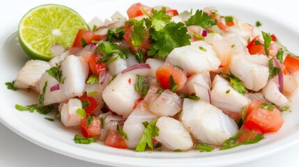 A plate of tangy ceviche with fresh fish marinated in lime juice, diced tomatoes, onions